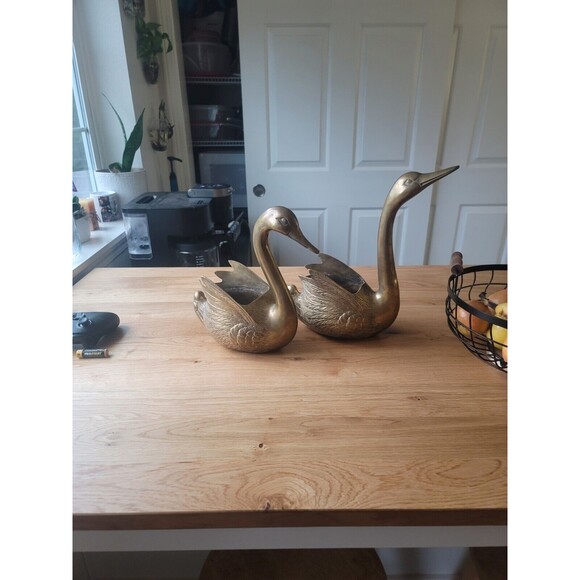 Vintage Swan Long Neck Bird Brass Sculpture Statue Figurine Gold Swan Set Of Two - Picture 2 of 14
